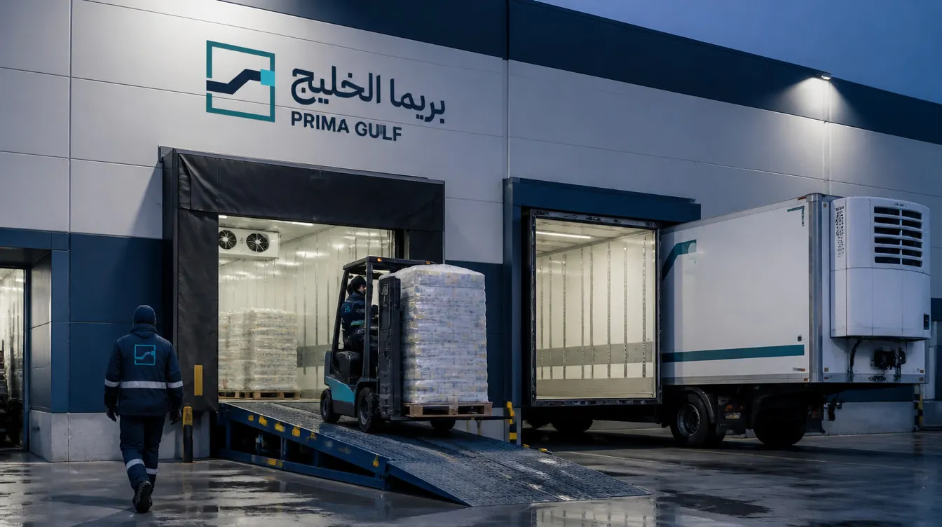 رافعة شوكية تنقل منصّة عند رصيف تحميل بجانب مقطورة مبرّدة