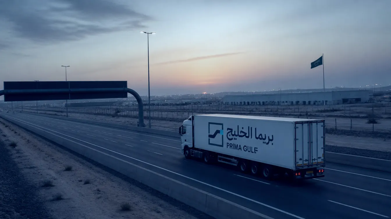 شاحنة مبرّدة تسير على طريق سريع في المملكة العربية السعودية